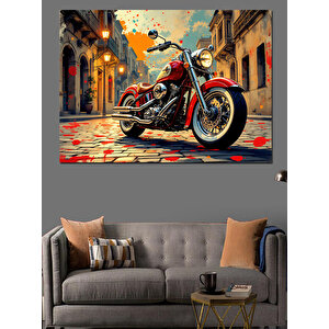 Kırmızı Motosiklet Şehirde Dekoratif Kanvas - Mdf Ahşap Tablo 100x140 cm