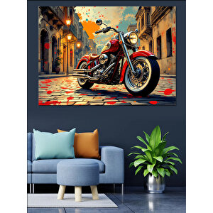 Kırmızı Motosiklet Şehirde Dekoratif Kanvas - Mdf Ahşap Tablo