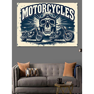Kafatası Ve Motosiklet Logosu Dekoratif Kanvas - Mdf Ahşap Tablo