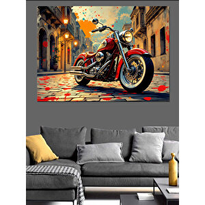 Kırmızı Motosiklet Şehirde Dekoratif Kanvas - Mdf Ahşap Tablo 50x70 cm