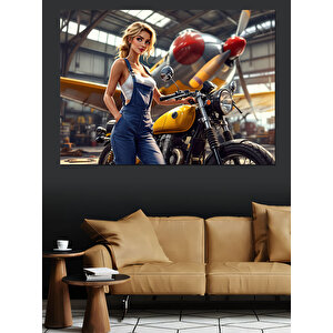 Sarı Motosikletli Kadın Dekoratif Kanvas - Mdf Ahşap Tablo 50x70 cm