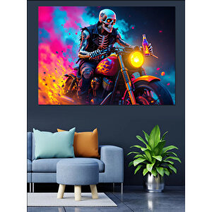 İskelet Sürücü Ve Motosiklet Dekoratif Kanvas - Mdf Ahşap Tablo