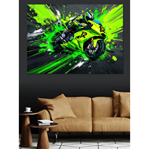Neon Yeşil Yarış Motosikleti Dekoratif Kanvas - Mdf Ahşap Tablo