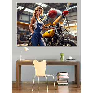 Sarı Motosikletli Kadın Dekoratif Kanvas - Mdf Ahşap Tablo 70x100 cm