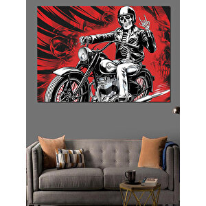 İskelet Motosiklet Üzerinde Poz Dekoratif Kanvas - Mdf Ahşap Tablo 100x140 cm