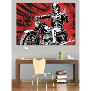İskelet Motosiklet Üzerinde Poz Dekoratif Kanvas - Mdf Ahşap Tablo 100x140 cm