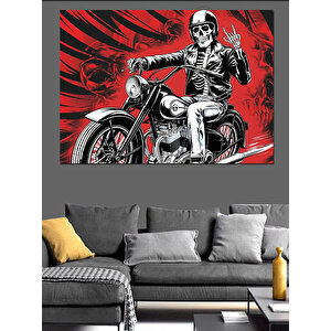İskelet Motosiklet Üzerinde Poz Dekoratif Kanvas - Mdf Ahşap Tablo 100x140 cm