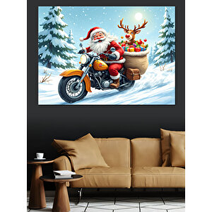 Motosikletli Noel Baba Dekoratif Kanvas - Mdf Ahşap Tablo 50x70 cm