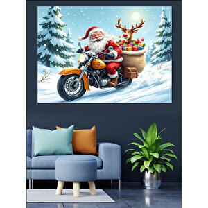 Motosikletli Noel Baba Dekoratif Kanvas - Mdf Ahşap Tablo 50x70 cm