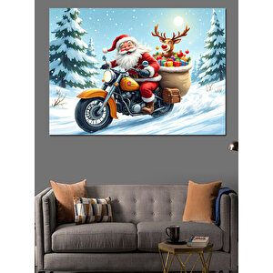 Motosikletli Noel Baba Dekoratif Kanvas - Mdf Ahşap Tablo 50x70 cm