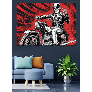 İskelet Motosiklet Üzerinde Poz Dekoratif Kanvas - Mdf Ahşap Tablo