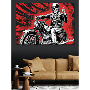 İskelet Motosiklet Üzerinde Poz Dekoratif Kanvas - Mdf Ahşap Tablo