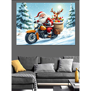 Motosikletli Noel Baba Dekoratif Kanvas - Mdf Ahşap Tablo