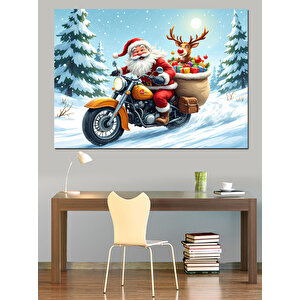 Motosikletli Noel Baba Dekoratif Kanvas - Mdf Ahşap Tablo