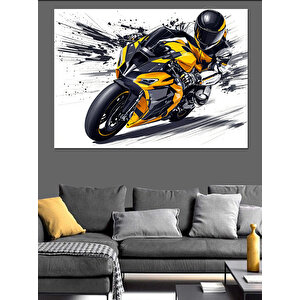 Hızlı Sarı Yarış Motosikleti Dekoratif Kanvas - Mdf Ahşap Tablo