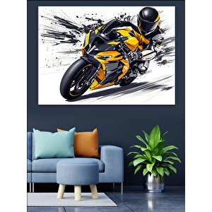 Hızlı Sarı Yarış Motosikleti Dekoratif Kanvas - Mdf Ahşap Tablo 70x100 cm