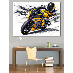 Hızlı Sarı Yarış Motosikleti Dekoratif Kanvas - Mdf Ahşap Tablo 70x100 cm