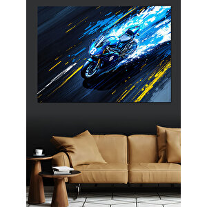 Hızlı Geçiş Mavi Motosiklet Dekoratif Kanvas - Mdf Ahşap Tablo 70x100 cm