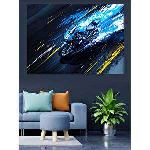 Hızlı Geçiş Mavi Motosiklet Dekoratif Kanvas - Mdf Ahşap Tablo 70x100 cm