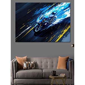 Hızlı Geçiş Mavi Motosiklet Dekoratif Kanvas - Mdf Ahşap Tablo 100x140 cm