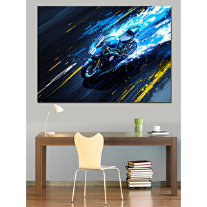 Hızlı Geçiş Mavi Motosiklet Dekoratif Kanvas - Mdf Ahşap Tablo