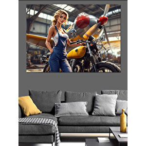 Sarı Motosikletli Kadın Dekoratif Kanvas - Mdf Ahşap Tablo 25x35 cm