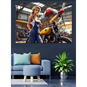 Sarı Motosikletli Kadın Dekoratif Kanvas - Mdf Ahşap Tablo