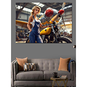 Sarı Motosikletli Kadın Dekoratif Kanvas - Mdf Ahşap Tablo