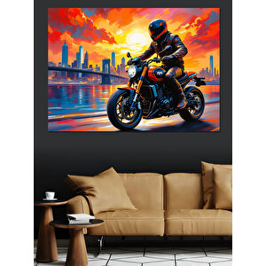 Gece Şehirde Motosiklet Sürücüsü Dekoratif Kanvas - Mdf Ahşap Tablo 35x50 cm