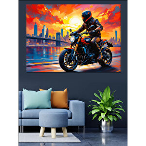 Gece Şehirde Motosiklet Sürücüsü Dekoratif Kanvas - Mdf Ahşap Tablo 35x50 cm