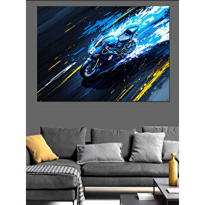 Hızlı Geçiş Mavi Motosiklet Dekoratif Kanvas - Mdf Ahşap Tablo