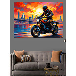 Gece Şehirde Motosiklet Sürücüsü Dekoratif Kanvas - Mdf Ahşap Tablo 50x70 cm