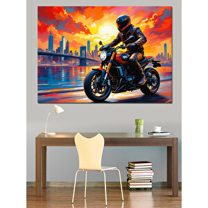 Gece Şehirde Motosiklet Sürücüsü Dekoratif Kanvas - Mdf Ahşap Tablo