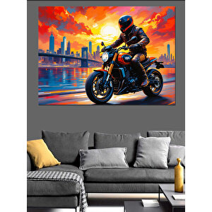 Gece Şehirde Motosiklet Sürücüsü Dekoratif Kanvas - Mdf Ahşap Tablo
