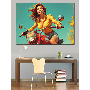 Retro Motosikletli Kadın Dekoratif Kanvas - Mdf Ahşap Tablo