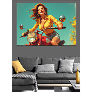 Retro Motosikletli Kadın Dekoratif Kanvas - Mdf Ahşap Tablo