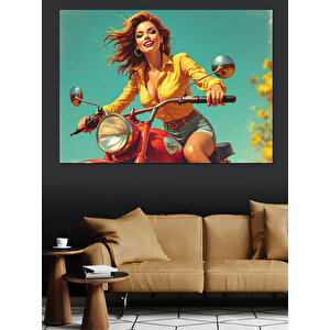 Retro Motosikletli Kadın Dekoratif Kanvas - Mdf Ahşap Tablo 100x140 cm