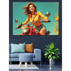 Retro Motosikletli Kadın Dekoratif Kanvas - Mdf Ahşap Tablo 100x140 cm