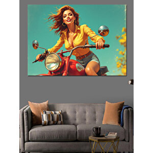 Retro Motosikletli Kadın Dekoratif Kanvas - Mdf Ahşap Tablo 100x140 cm