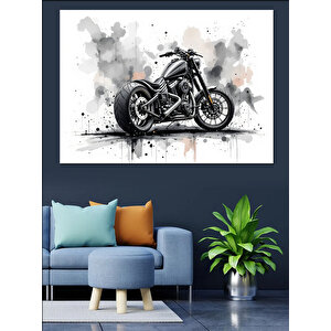 Siyah Beyaz Motosiklet Çizimi Dekoratif Kanvas - Mdf Ahşap Tablo 70x100 cm