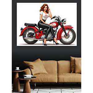 Retro Motosikletli Kadın Dekoratif Kanvas - Mdf Ahşap Tablo 35x50 cm