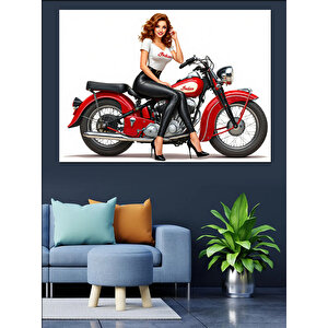 Retro Motosikletli Kadın Dekoratif Kanvas - Mdf Ahşap Tablo 35x50 cm