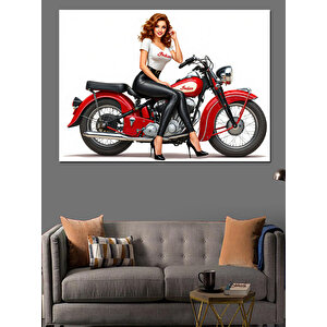 Retro Motosikletli Kadın Dekoratif Kanvas - Mdf Ahşap Tablo 35x50 cm