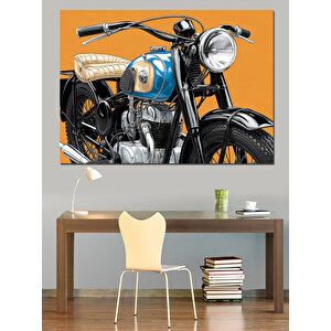 Turuncu Arkaplanlı Mavi Motosiklet Dekoratif Kanvas - Mdf Ahşap Tablo 70x100 cm