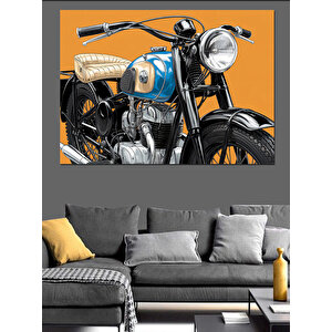 Turuncu Arkaplanlı Mavi Motosiklet Dekoratif Kanvas - Mdf Ahşap Tablo 70x100 cm
