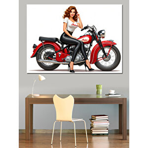 Retro Motosikletli Kadın Dekoratif Kanvas - Mdf Ahşap Tablo