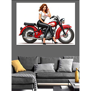 Retro Motosikletli Kadın Dekoratif Kanvas - Mdf Ahşap Tablo