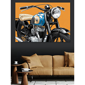 Turuncu Arkaplanlı Mavi Motosiklet Dekoratif Kanvas - Mdf Ahşap Tablo