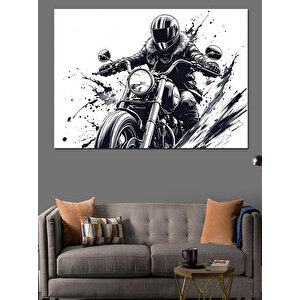 Siyah Beyaz Motosiklet Sürücüsü Dekoratif Kanvas - Mdf Ahşap Tablo