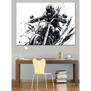 Siyah Beyaz Motosiklet Sürücüsü Dekoratif Kanvas - Mdf Ahşap Tablo